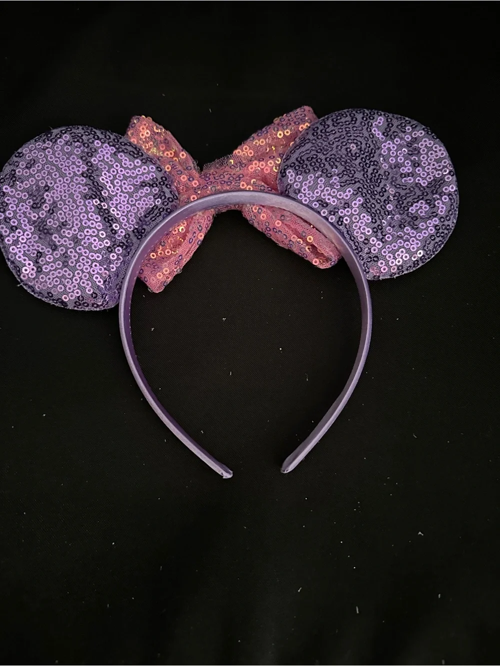 Tangled Purple Sequin Mouse Ear Headband with Pink Bow